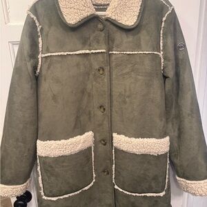 Michael Kors Olive Teddy Jacket with Cream Accents fake suede, fake Sherpa